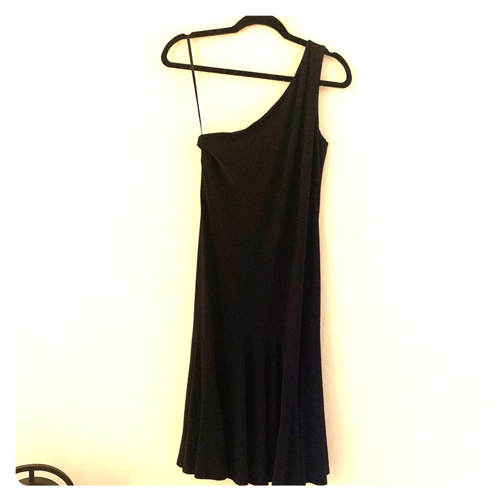 Black one shoulder with flared bottom dress.